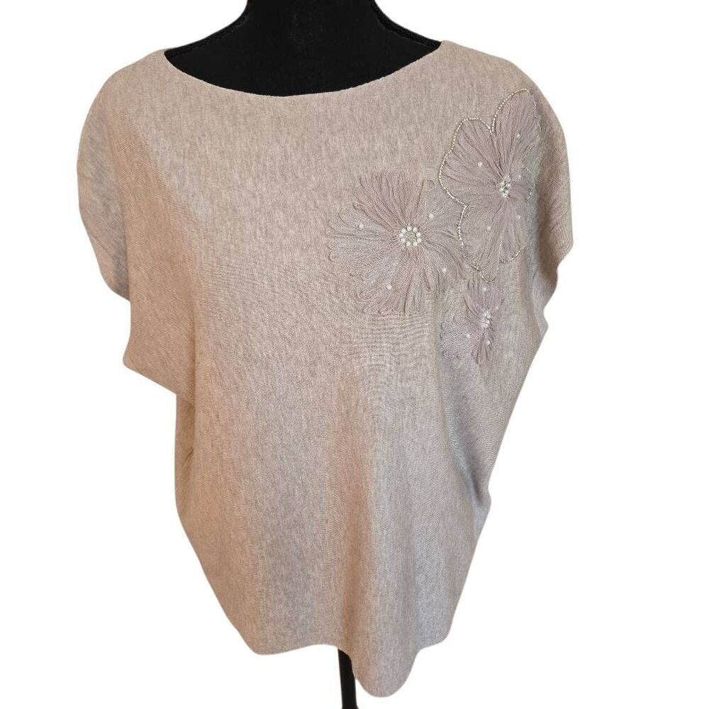 LIV Milano Womens Pearl Embellished Floral Applique Knit Sweater Taupe Large